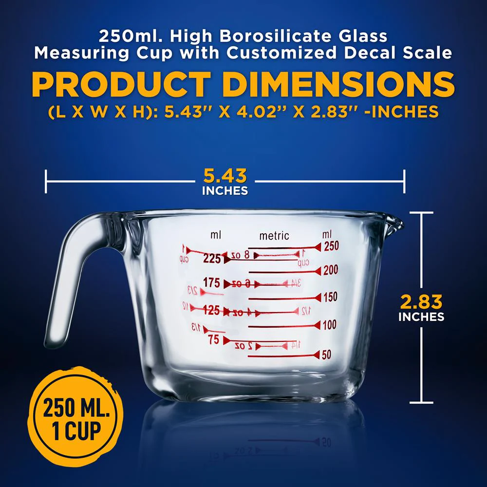 250 Ml. High Borosilicate Glass Measuring Cup With Customized Decal Scale