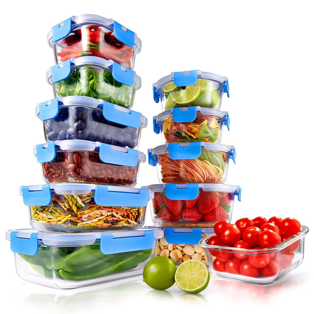 24-Piece Superior Glass Food Storage Containers Set - Stackable Design With Newly Innovated Hinged Bpa-Free Locking Lids (Blue)