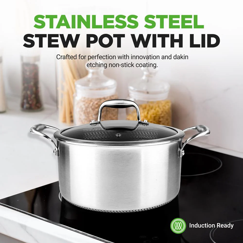 Stew Pot With Glass Lid - Triply Stainless Steel Cookware, Dakin Etching Non-Stick Coating Inside And Outside