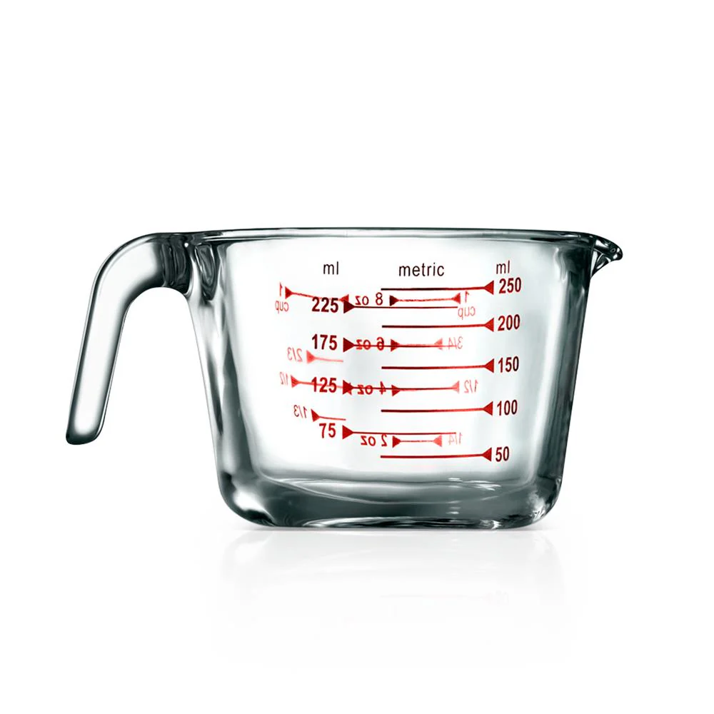 250 Ml. High Borosilicate Glass Measuring Cup With Customized Decal Scale