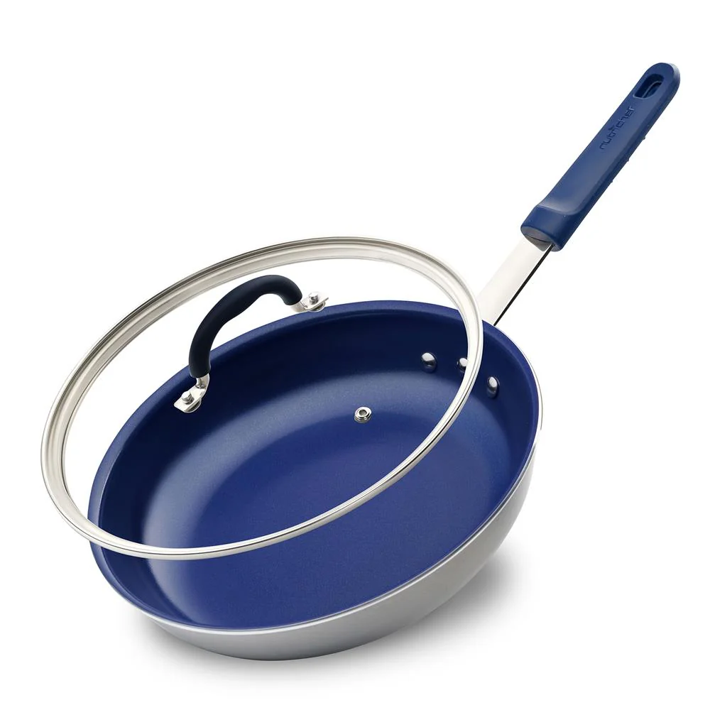 12'' Large Fry Pan With Lid - Non-Stick Pan With Silicone Handle, Ceramic Coating Inside