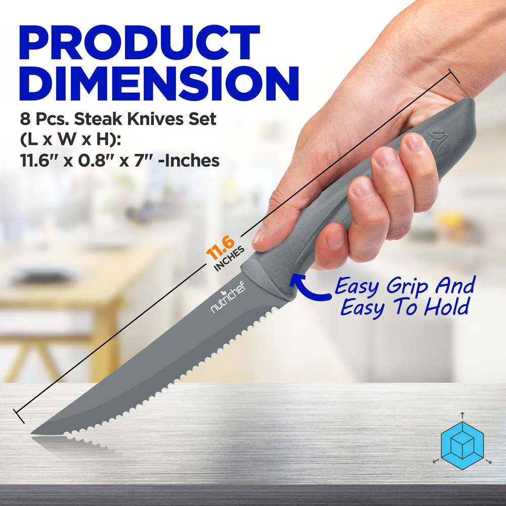 8 Pcs. Steak Knives Set - Non-Stick Coating Knives Set With Stainless Steel Blades, Unbreakable Knives, Great For Bbq Grill (Gray)