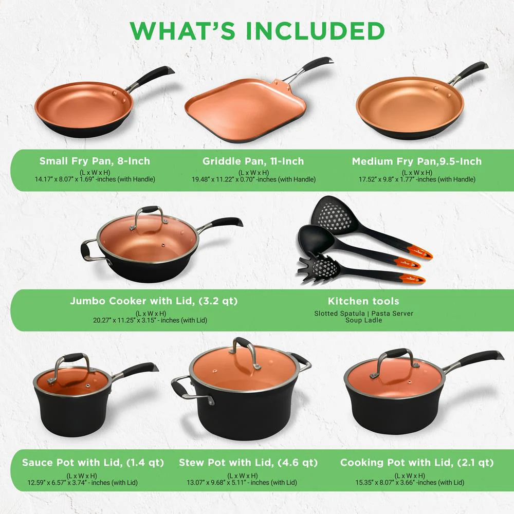 Kitchenware Pots & Pans Set - Luxury Kitchen Cookware, 3 Layers Copper Non-Stick Coating Inside, Hard-Anodized Looking Heat Resistant Lacquer Outside (14-Piece Set)