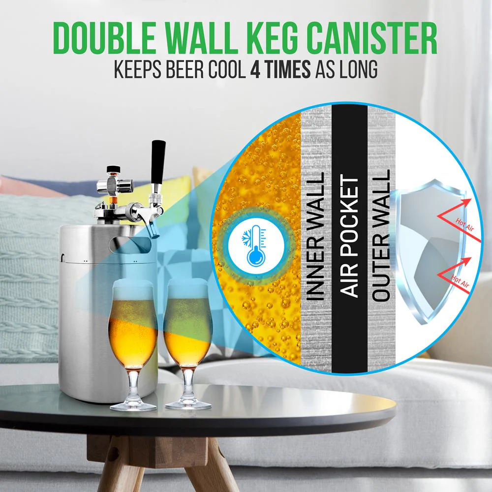Homebrew  Double Wall Mini Keg Beer Dispenser - 128 Oz. Double Wall Mini Keg With Cap Spear, Metal Tap Co2 Aluminum Regulator System