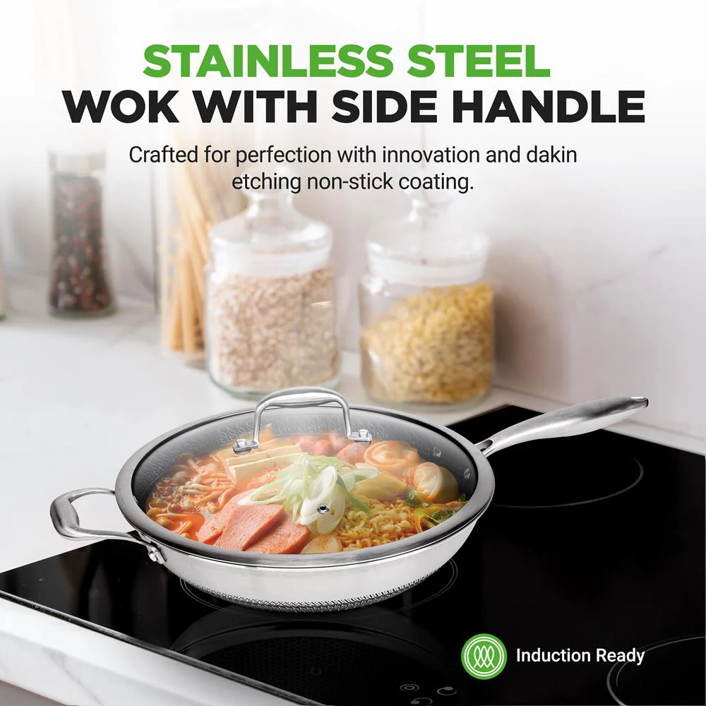 12'' Durable Wok With Side Handle - Triply Stainless Steel Cookware, Dakin Etching Non-Stick Coating Inside And Outside