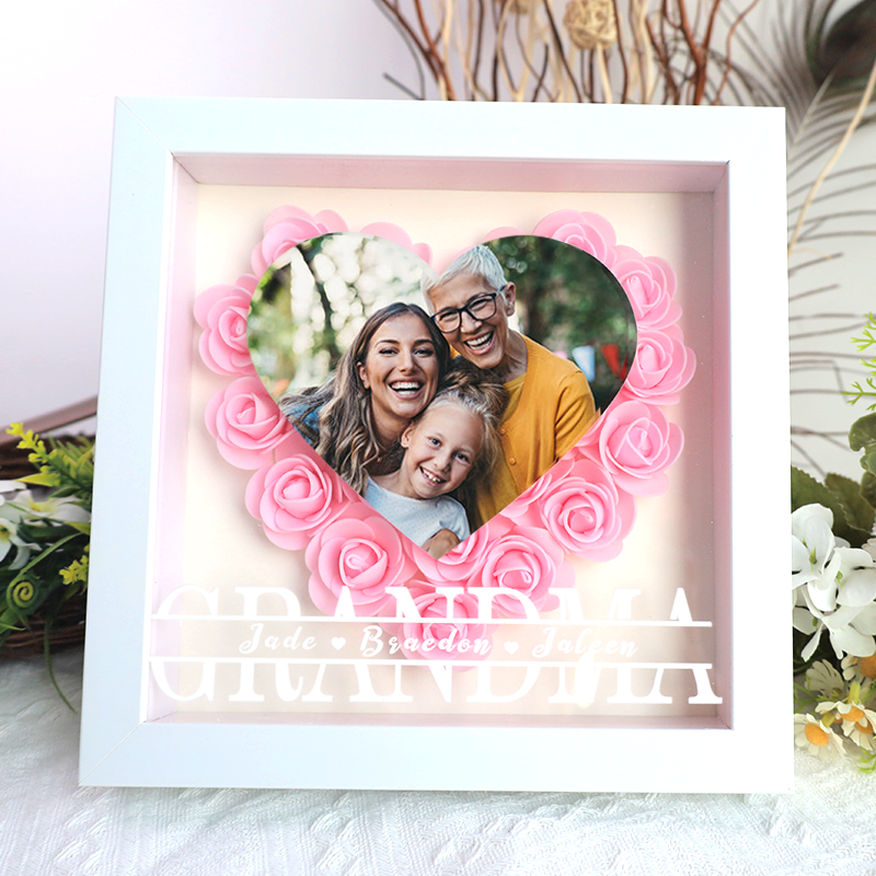 Grandma Heart Photo Flower Pattern Shadow Box Gift