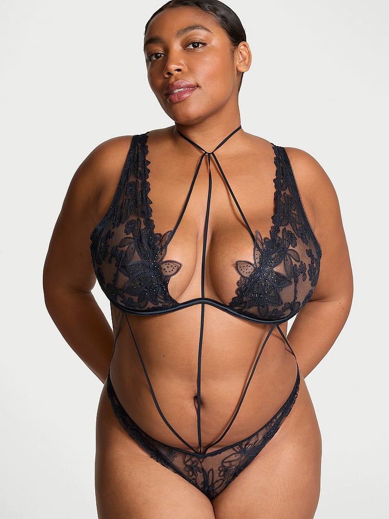 Very Sexy Ziggy Glam Noir Embellished Strappy Open-Back Teddy