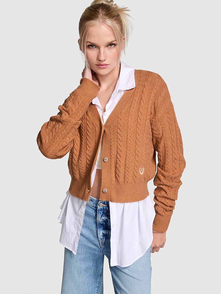 PINK Collegiate Cable-Knit Cropped Cardigan