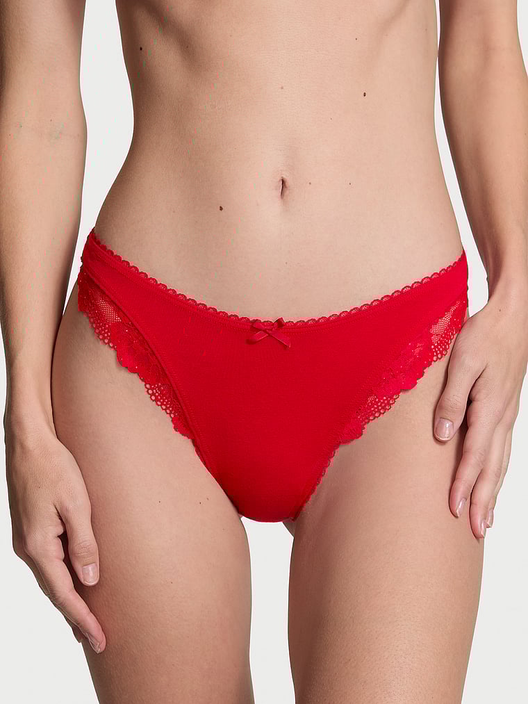 Victoria's Secret Stretch Cotton Lace-Trim High-Leg Scoop Thong Panty Novelty