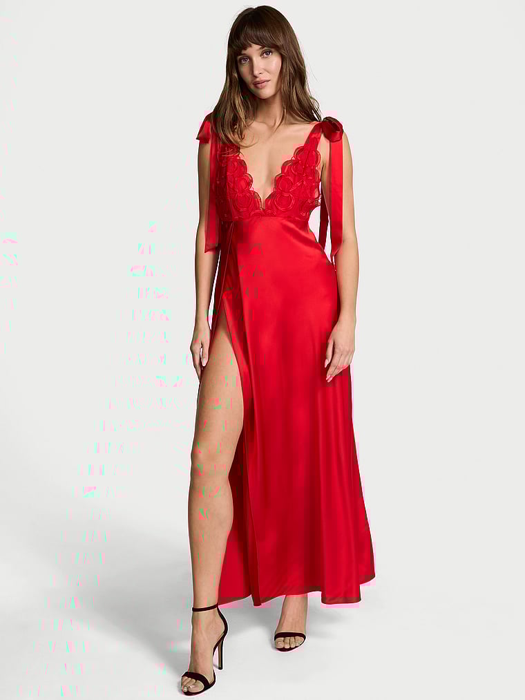 Victoria's Secret Tied-with-a-Bow Embroidery Plunge Satin High-Leg Gown