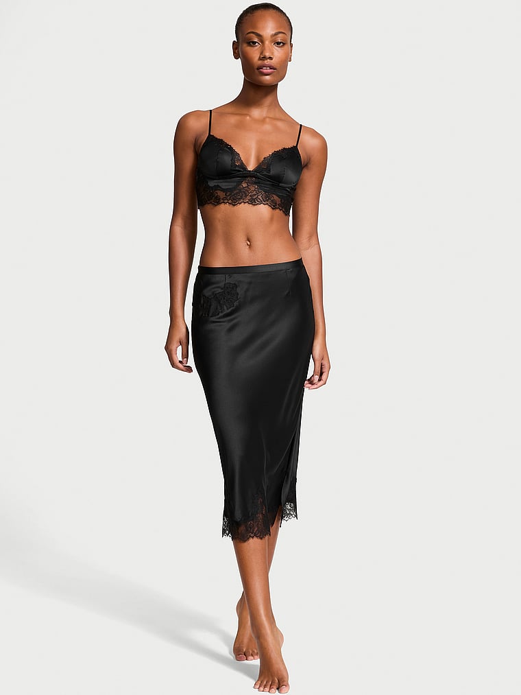 Victoria's Secret Satin Rose Lace-Trim Bralette & Midi Skirt Set