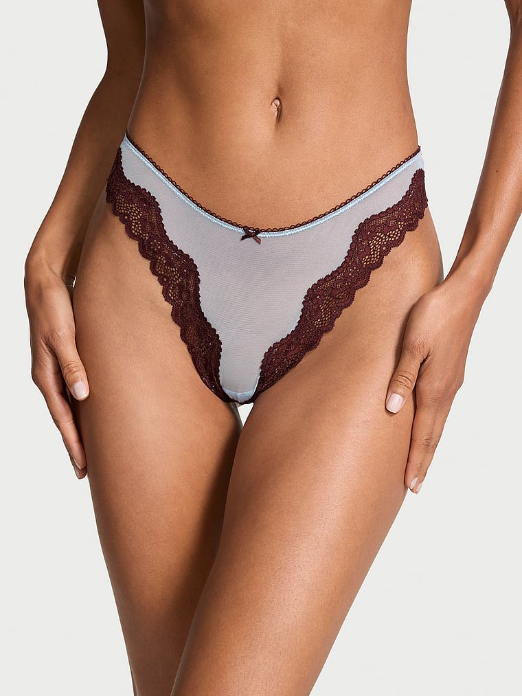 Victoria's Secret Tease Mesh Lace-Trim High-Leg Thong Panty Mesh