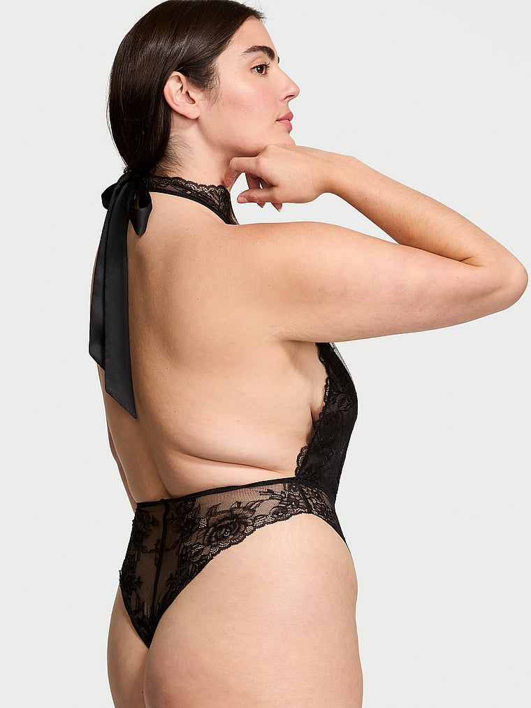 Very Sexy Rose Lace Halter Plunge Crotchless Teddy