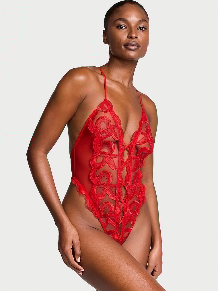 Very Sexy Tied-with-a-Bow Embroidery Plunge Teddy