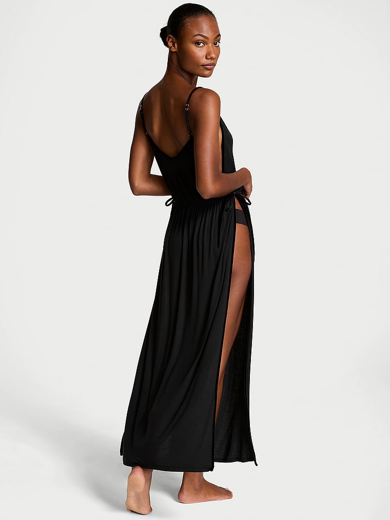 Victoria's Secret Ribbed Modal Velvet-Trim Long Slip Dress