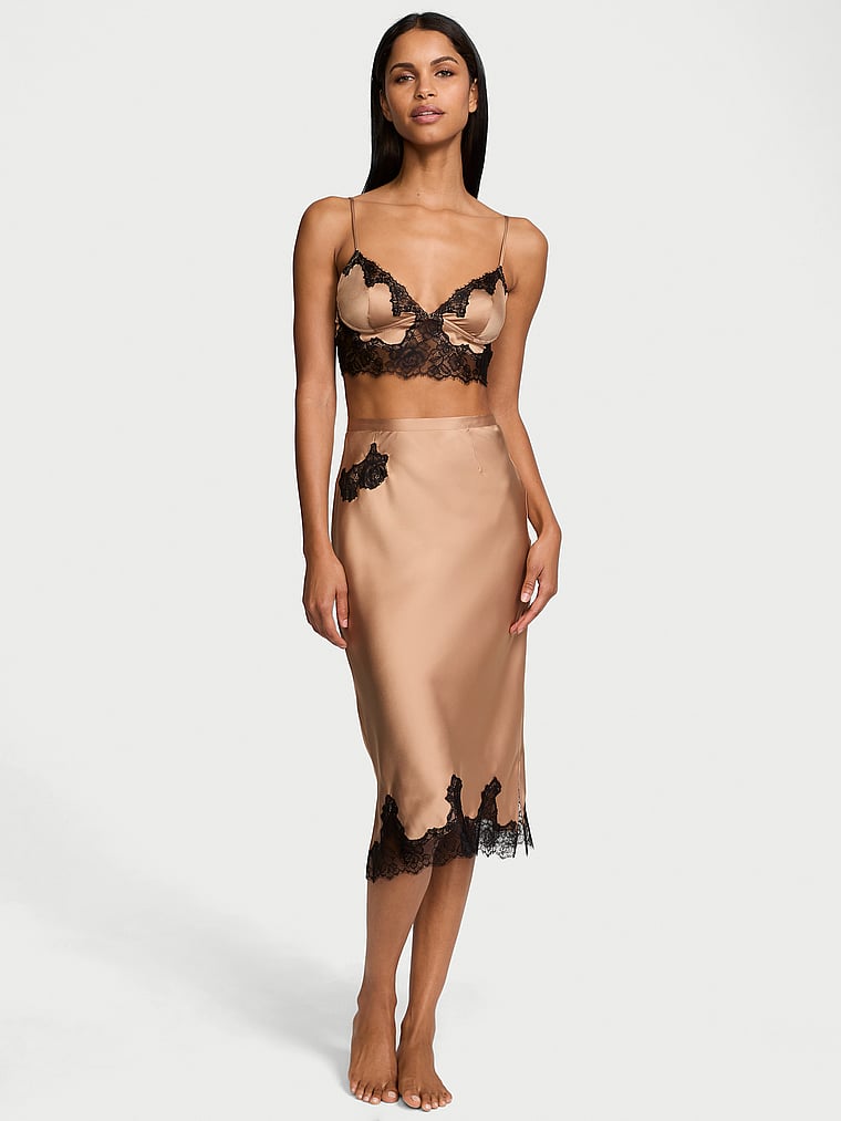 Victoria's Secret Satin Rose Lace-Trim Bralette & Midi Skirt Set