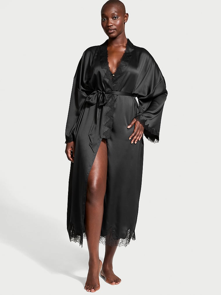 Victoria's Secret Satin & Rose Lace Open-Back Long Robe