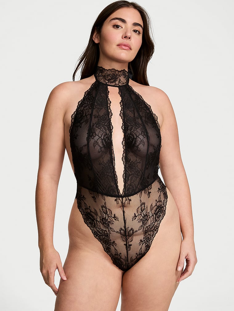Very Sexy Rose Lace Halter Plunge Crotchless Teddy