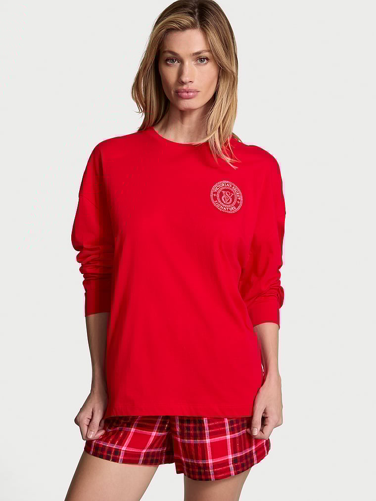 Victoria's Secret Flannel Long-Sleeve Short Tee-Jama Set