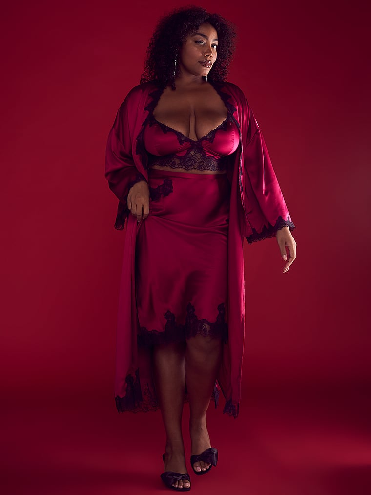 Victoria's Secret Satin & Rose Lace Open-Back Long Robe