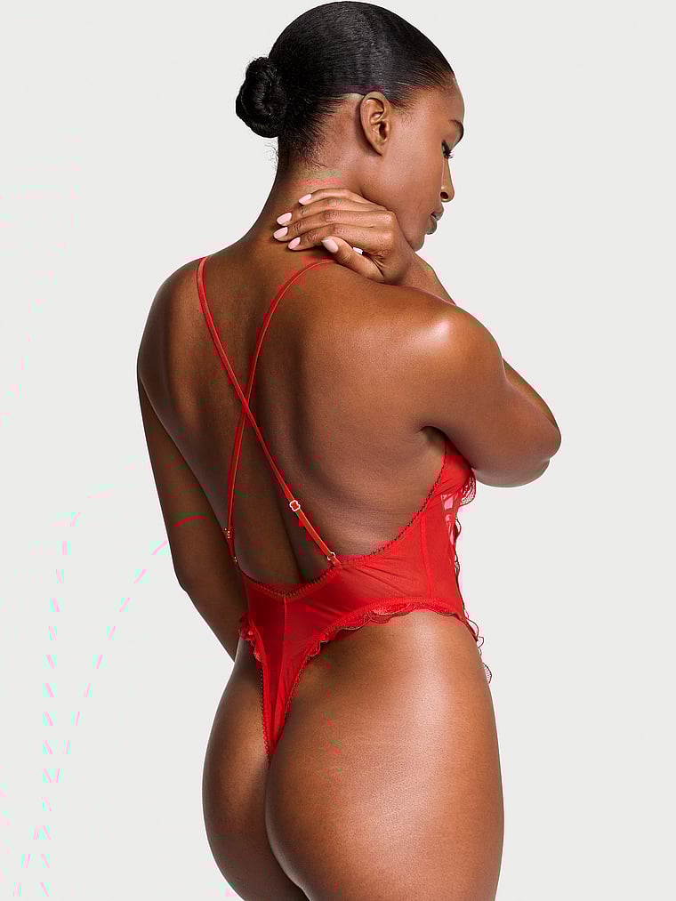 Very Sexy Tied-with-a-Bow Embroidery Plunge Teddy