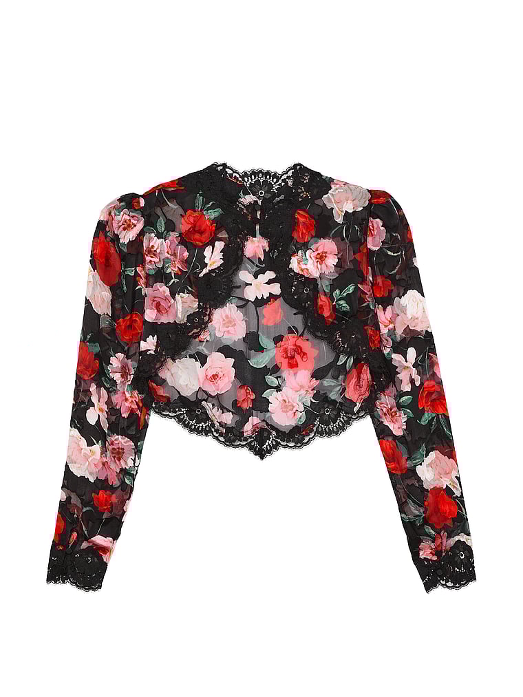 Victoria's Secret Atelier Victoria's Secret Noir Burnout Satin & Lace Trim Bolero Top