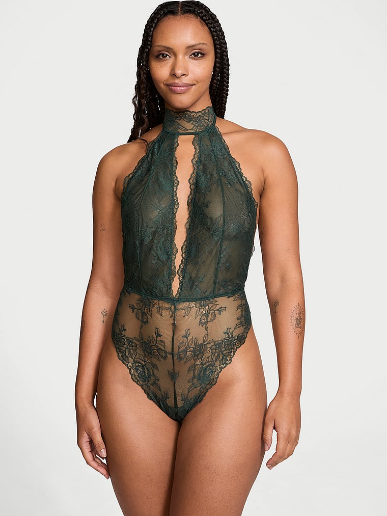 Very Sexy Rose Lace Halter Plunge Crotchless Teddy