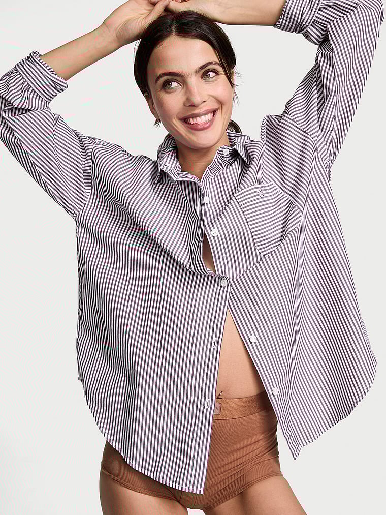 PINK Cotton Poplin Oversized Button-Down Sleepshirt