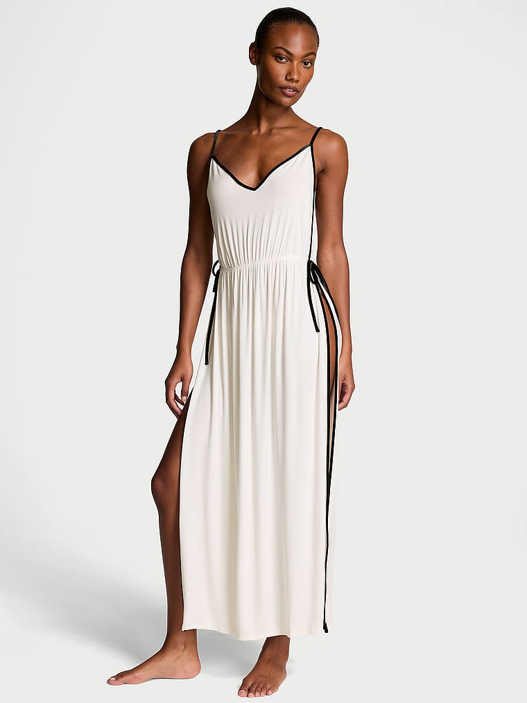 Victoria's Secret Ribbed Modal Velvet-Trim Long Slip Dress