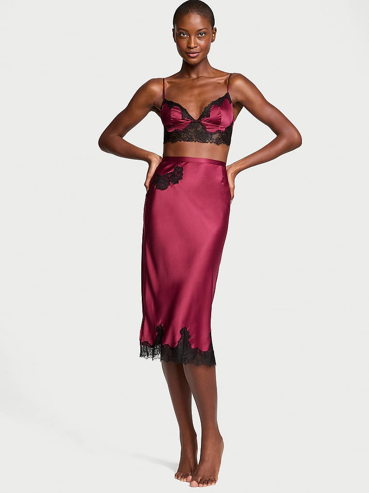 Victoria's Secret Satin Rose Lace-Trim Bralette & Midi Skirt Set