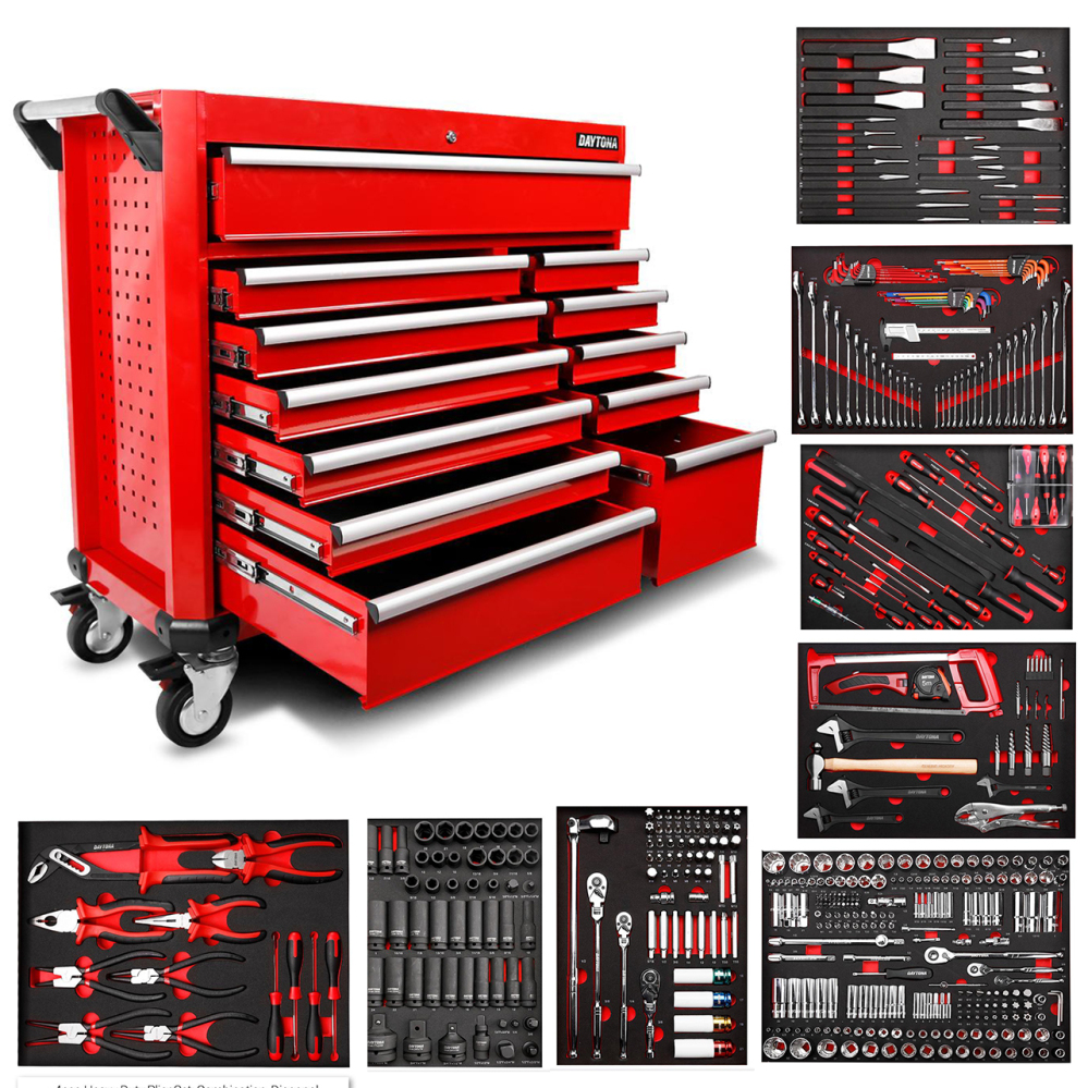 Daytona D655PS 655-Piece Machinery Tool Set with 43-Inch 12-Drawer Red Roller Cabinet