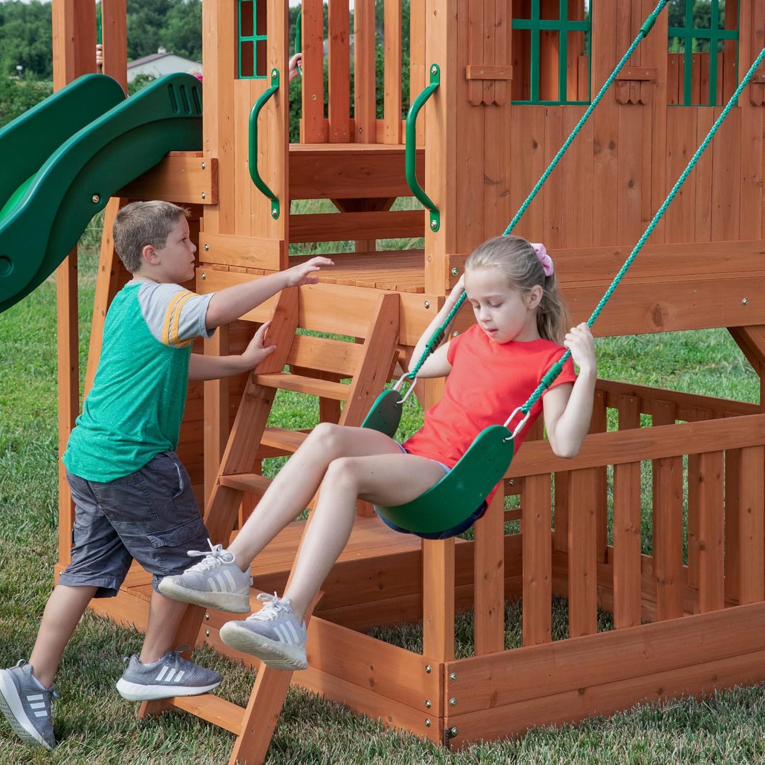 Backyard Discovery Hillcrest Cedar Wooden Swing Set, Upper Fort, Lower Playhouse, Slide, Swings, Acrobat Bar, Rock Wall
