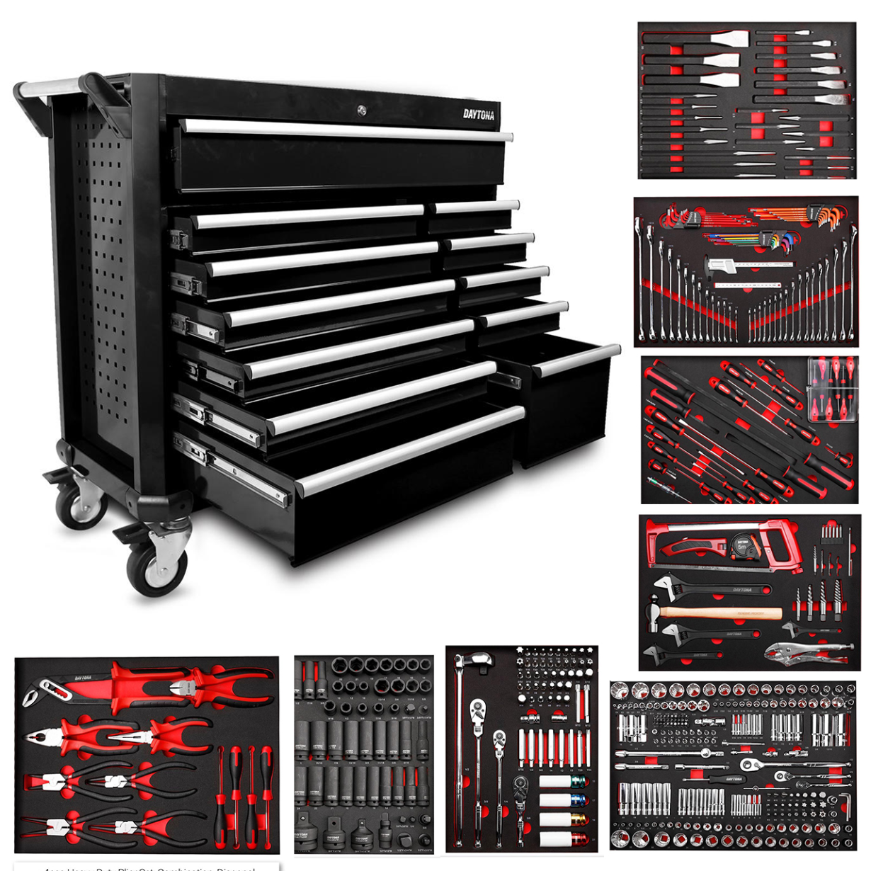 Daytona D655PS 655-Piece Machinery Tool Set with 43-Inch 12-Drawer Red Roller Cabinet