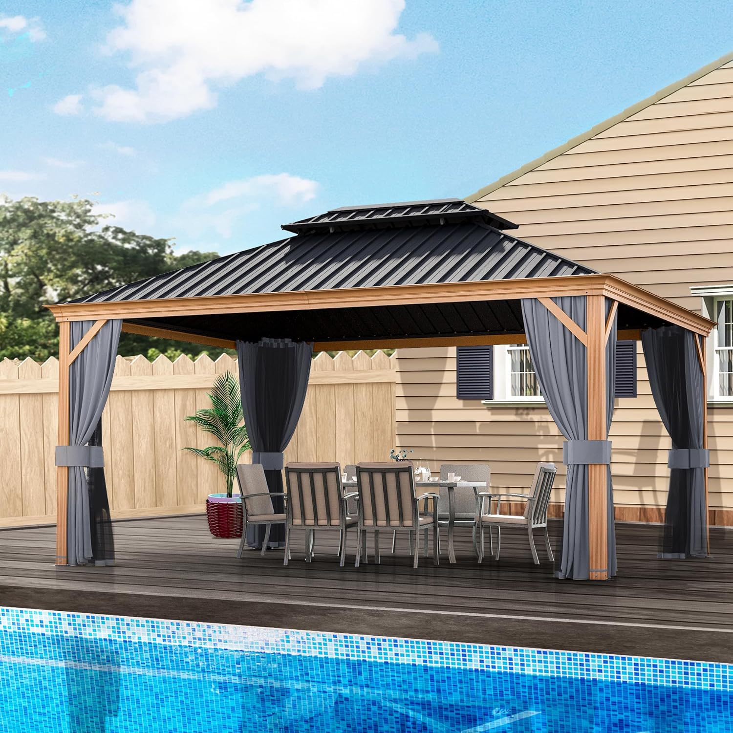 HAPPATIO 10' x 12' Hardtop Gazebo, Outdoor Wood Grain Frame Aluminum, Double Roof Permanent Patio Gazebo Canopy with Netting and Curtains for Garden, Patio, Lawns, Parties (Beige)