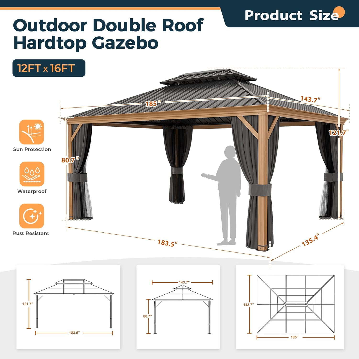 HAPPATIO 10' x 12' Hardtop Gazebo, Outdoor Wood Grain Frame Aluminum, Double Roof Permanent Patio Gazebo Canopy with Netting and Curtains for Garden, Patio, Lawns, Parties (Beige)