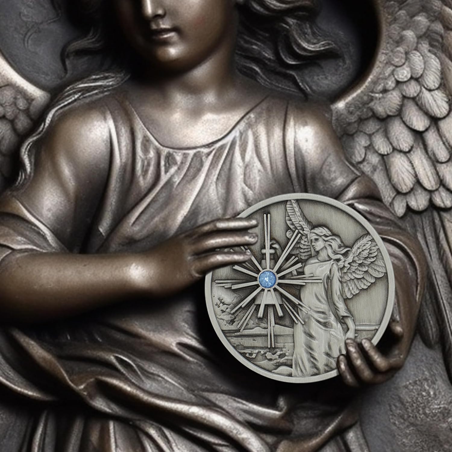 Pewter Guardian Angel Coin Affirmation Gift Token Medallion with Aqua Crystal Gemstone and Angel Prayer on Back
