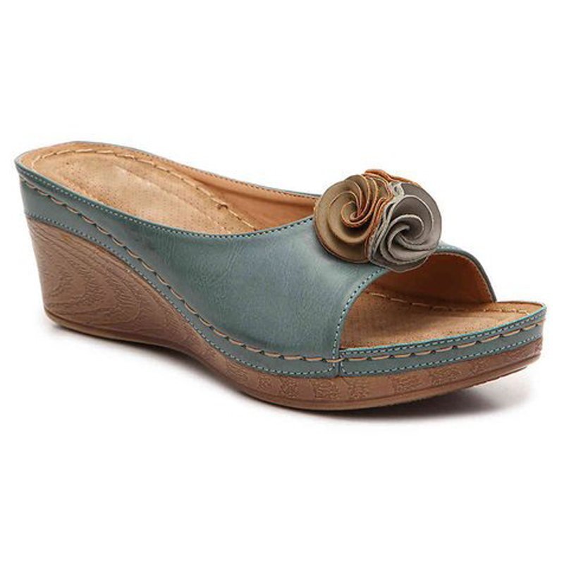 😍Last Day 55% OFF😍-Womens Comfy Leather Solid Flower Strap Wedge Sandals👡