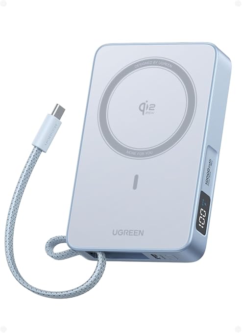 UGREEN MagFlow 10,000mAh Power Bank, Qi2 25W Certified Wireless Charging, Magnetic Portable Charger for MagSafe with Built-in Cable, 30W USB-C Battery Pack for iPhone17 Pro Max/16/15/14/13/12