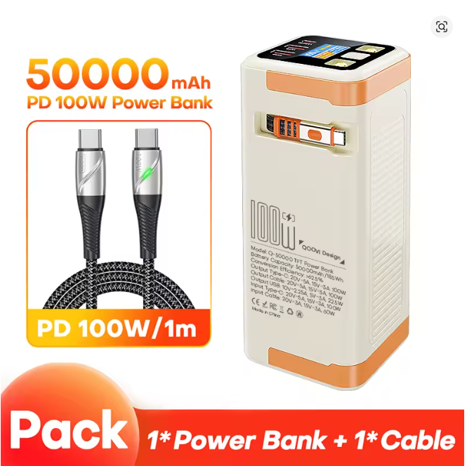 QOOVI 50000mAh Power Bank PD 100W Fast Charging Portable Large Battery Capacity Power Station For iPhone Laptop Samsung Xiaomi