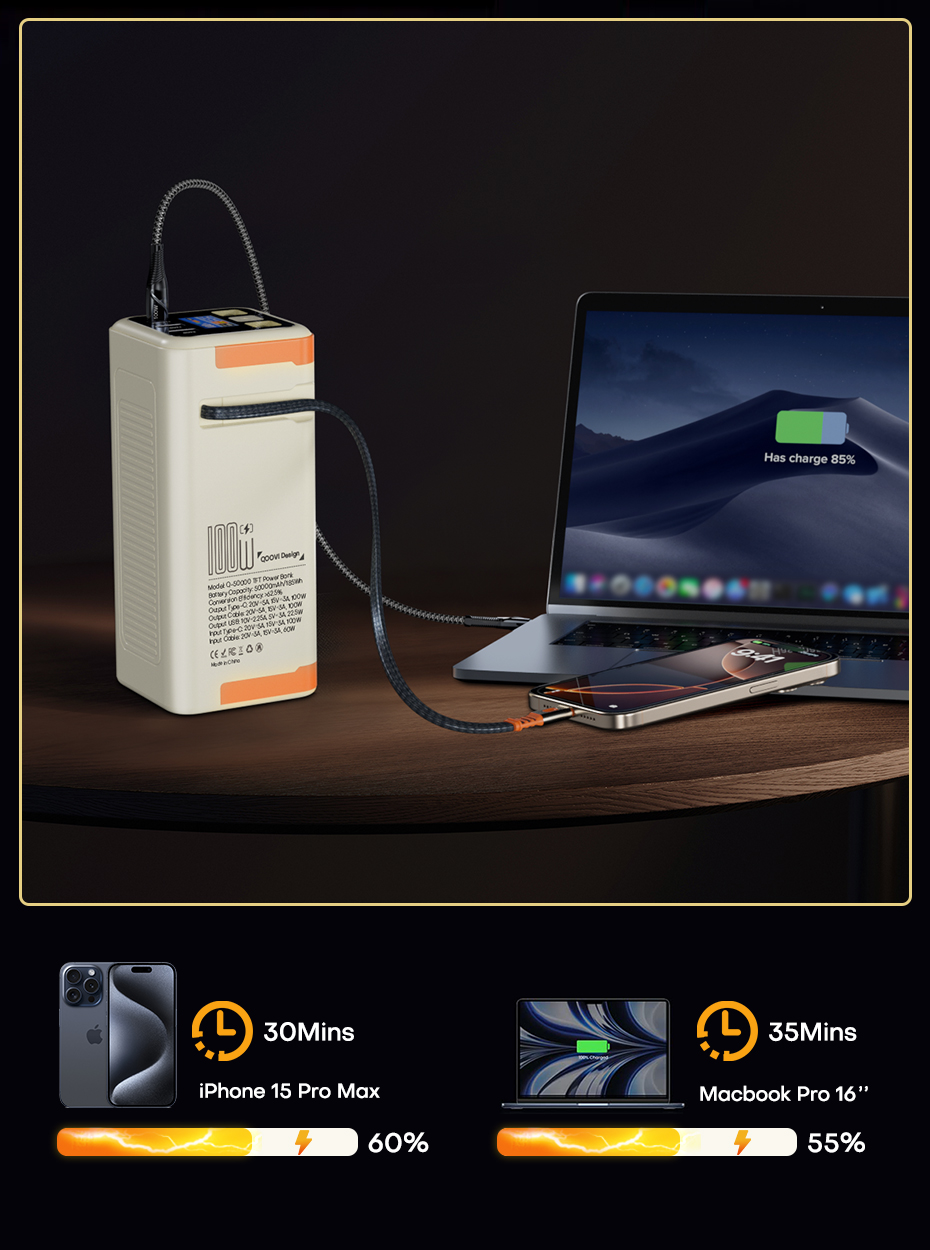 QOOVI 50000mAh Power Bank PD 100W Fast Charging Portable Large Battery Capacity Power Station For iPhone Laptop Samsung Xiaomi