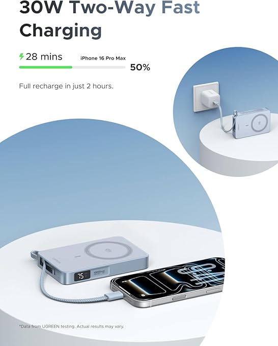 UGREEN MagFlow 10,000mAh Power Bank, Qi2 25W Certified Wireless Charging, Magnetic Portable Charger for MagSafe with Built-in Cable, 30W USB-C Battery Pack for iPhone17 Pro Max/16/15/14/13/12