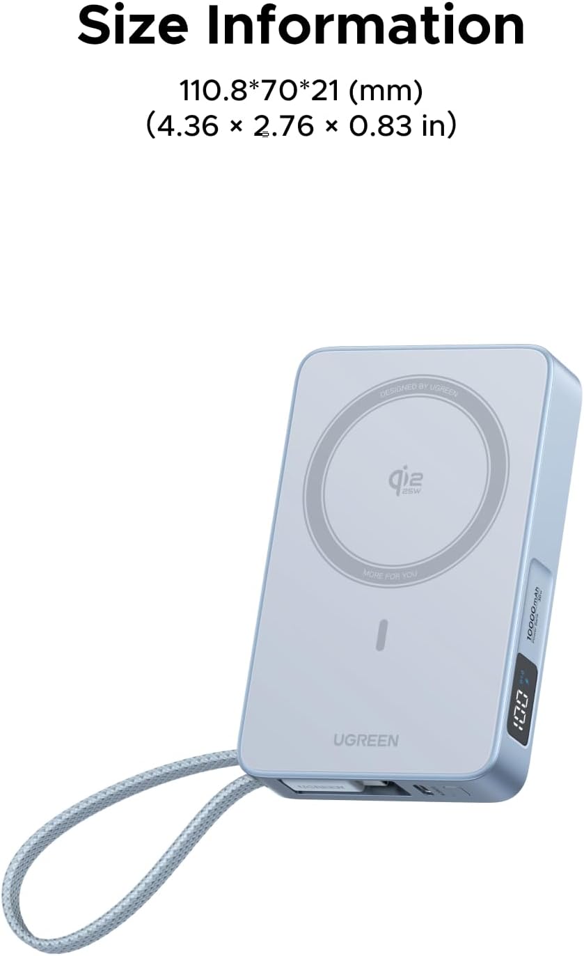 UGREEN MagFlow 10,000mAh Power Bank, Qi2 25W Certified Wireless Charging, Magnetic Portable Charger for MagSafe with Built-in Cable, 30W USB-C Battery Pack for iPhone17 Pro Max/16/15/14/13/12