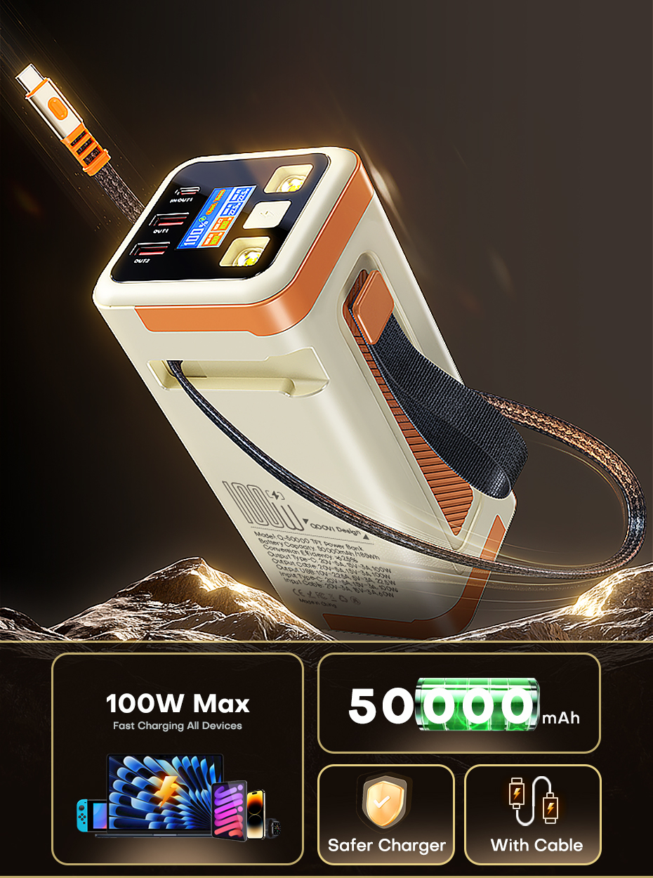 QOOVI 50000mAh Power Bank PD 100W Fast Charging Portable Large Battery Capacity Power Station For iPhone Laptop Samsung Xiaomi