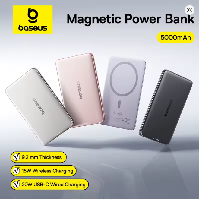 Baseus 5000mAh Magnetic Power Bank 15W Wireless 20W Wired Charging Thin Card-Sized Slim Portable Powerbank for iPhone  Samsung