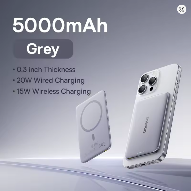 Baseus 5000mAh Magnetic Power Bank 15W Wireless 20W Wired Charging Thin Card-Sized Slim Portable Powerbank for iPhone  Samsung
