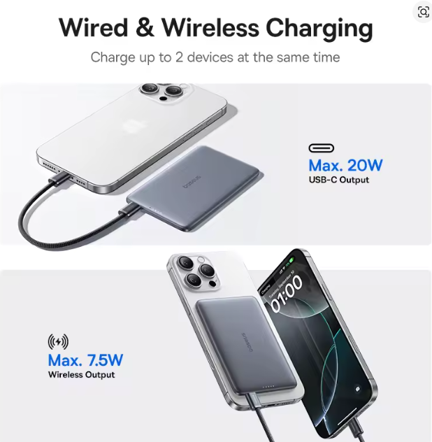 Baseus 5000mAh Magnetic Power Bank 15W Wireless 20W Wired Charging Thin Card-Sized Slim Portable Powerbank for iPhone  Samsung