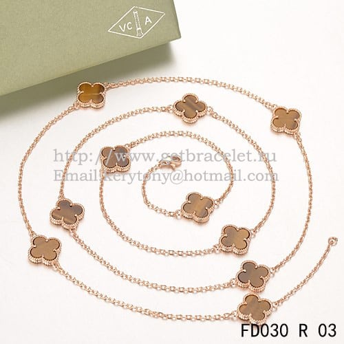 Van Cleef & Arpels Vintage Alhambra Necklace Pink Gold 10 Motifs With Tiger’s Eye Mother Of Pearl