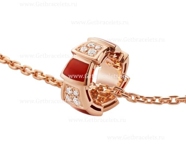 Serpenti Viper 18K Rose Gold Necklace with Carnelian Elements and Pave Diamonds on the Pendant