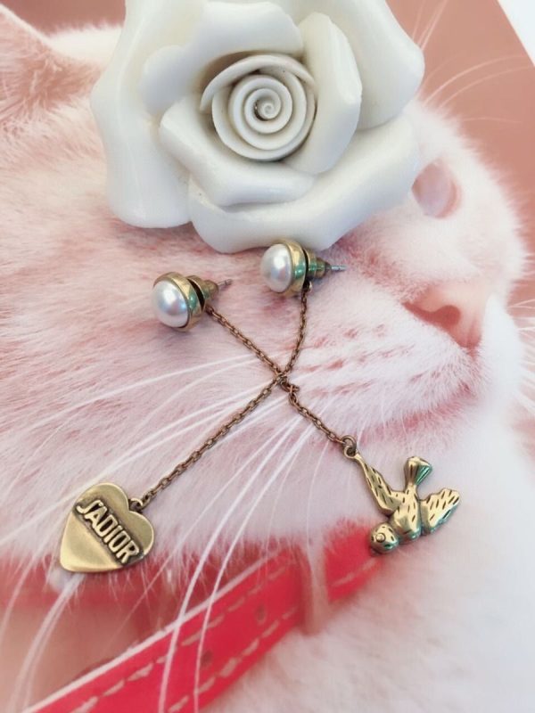 Spring Latest Dior J??Adior Classic Brass White Detail Asymmetric Swallow Heart Pendants Long Tassel Earrings For Ladies