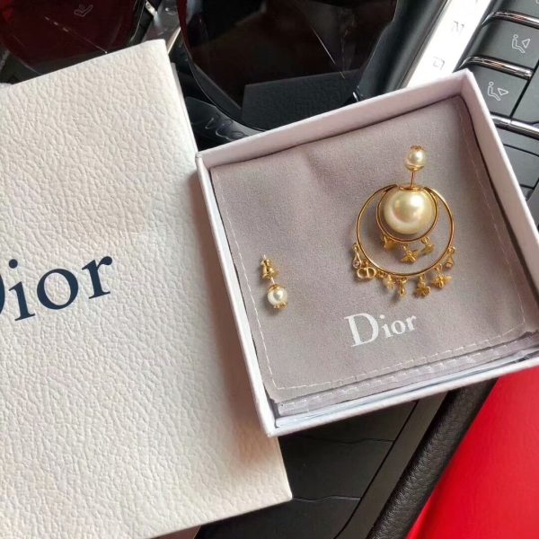 High Quality Dior Tribales Yellow Gold Flower/Bee/Star/CD Pendants Females Asymmetry Pearl Earrings E0955TRIRS_D301